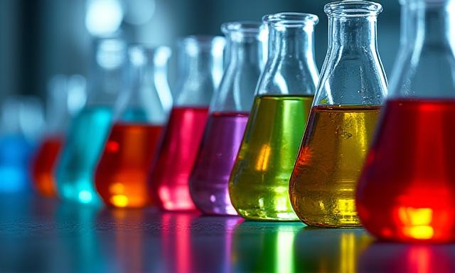 Laboratory beakers with colored liquids representing specialty chemicals.