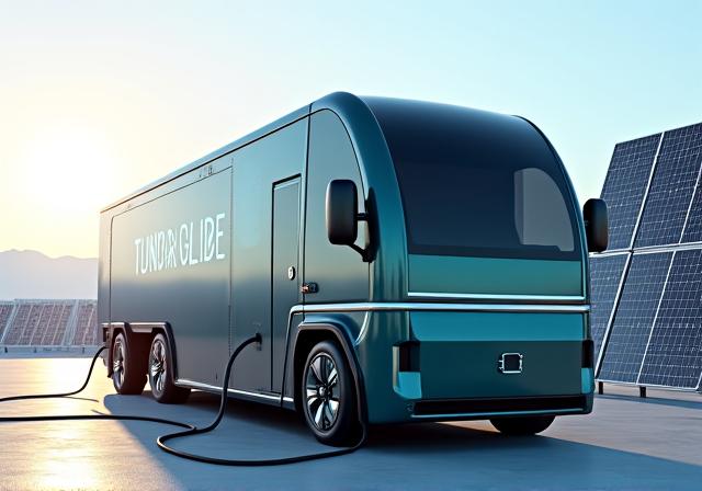A concept image of a Tundra Glide electric truck charging with solar panels in the background.