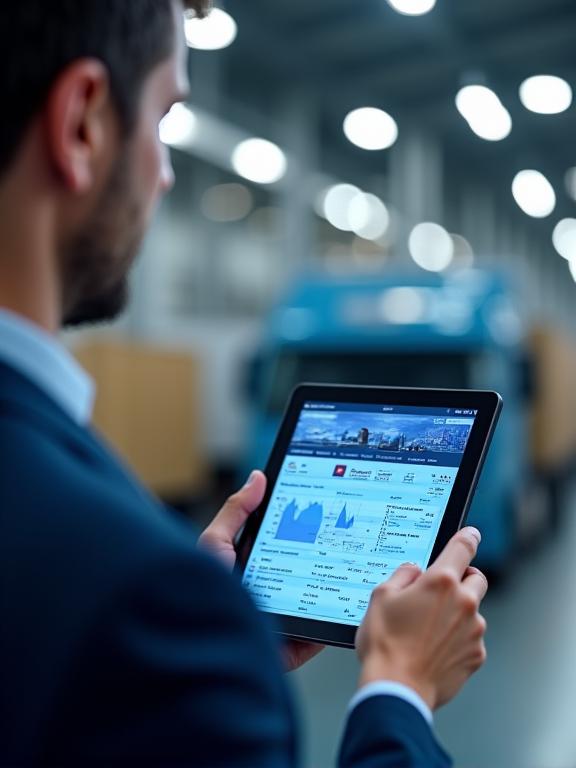 A logistics professional monitoring a fleet dashboard on a tablet inside a warehouse.